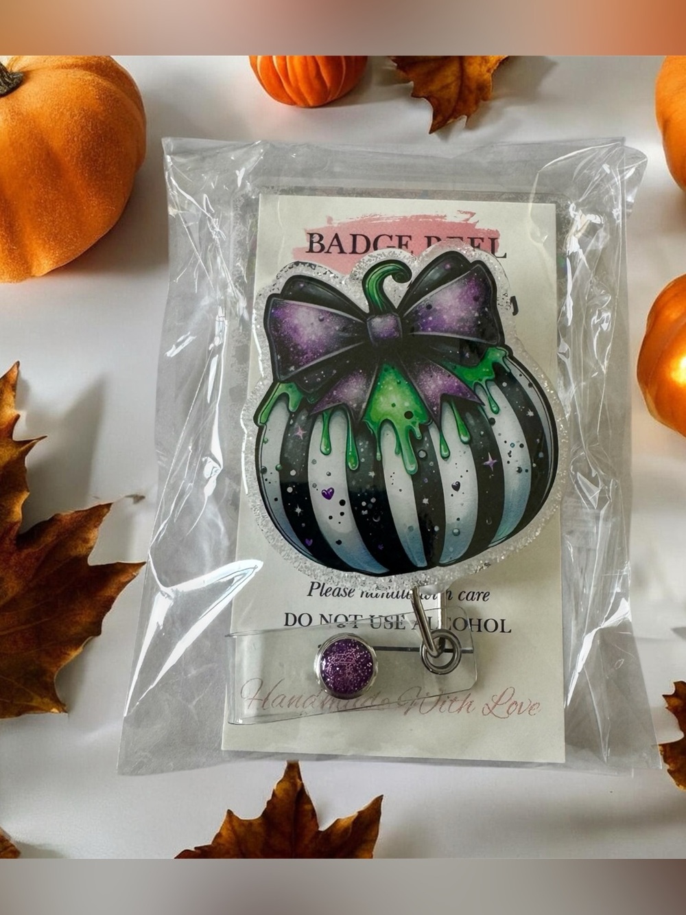 Beetle juice Pumpkin Badge Reel - Handmade Halloween Accessory